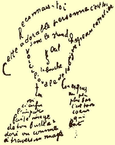Line drawing of a man from the shoulders up wearing a wide brimmed hat. Lines are made of cursive French.     