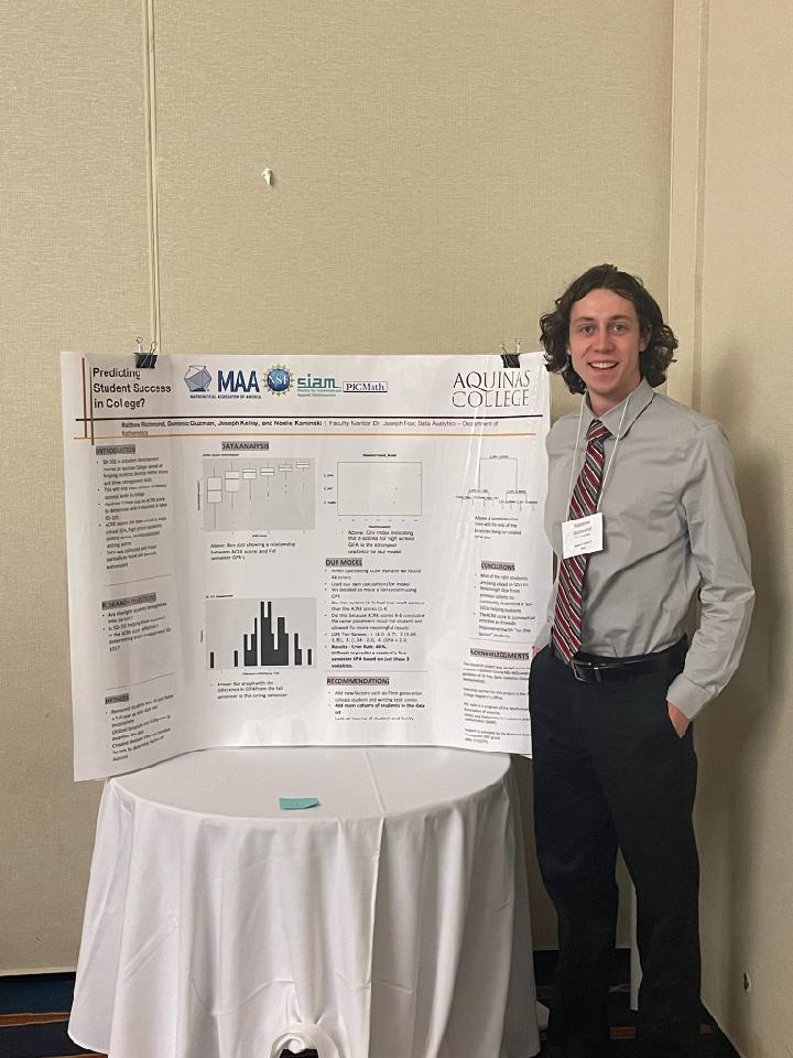 Student, Matt Richmond stands beside a poster board with his research printed on it. He's wearing a dress shirt and tie, smiling.