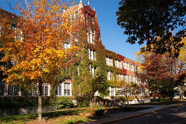 Aquinas Academic Building in fall colors