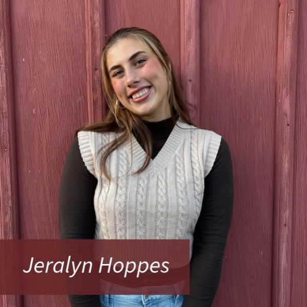 Headshot of a girl with blonde hair,in front of a red background Text reading: Jeralyn Hoppes.