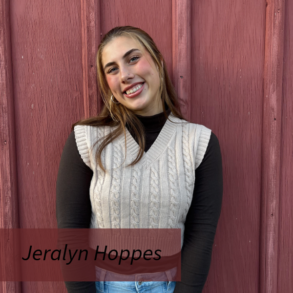 Headshot of a girl with blonde hair,in front of a red background Text reading: Jeralyn Hoppes.