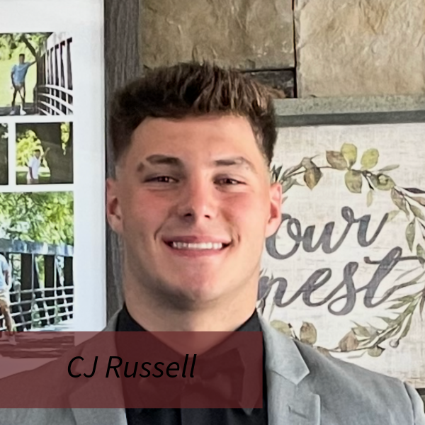 Headshot of a boy with dark hair. Text reading: CJ Russell.