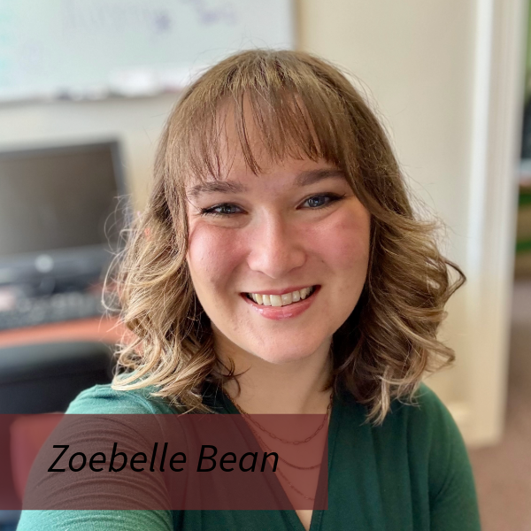 Selfie of a girl with long hair, holding a package outside, in front of a sign for St. Catherine of Sienna Hall. Text reading: Zoebelle Bean, Writing Center Consultant.