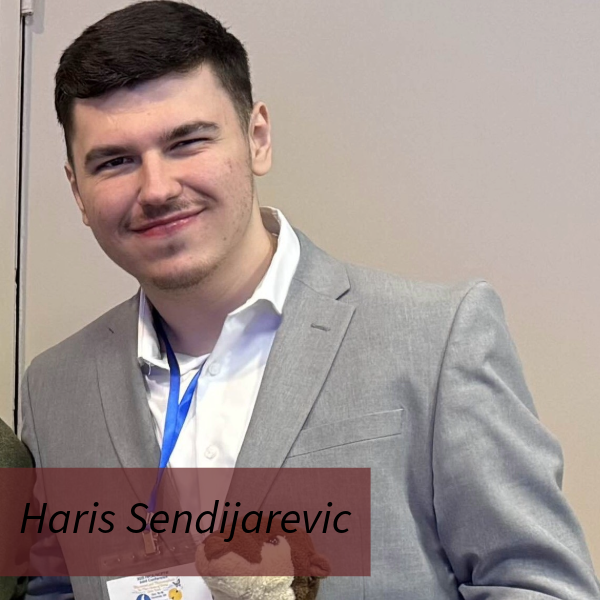 Headshot of a boy with short, dark hair, in front of a brown backdrop. Text reading: Haris Sendijarevic, Writing Center Consultant, Archivist.
