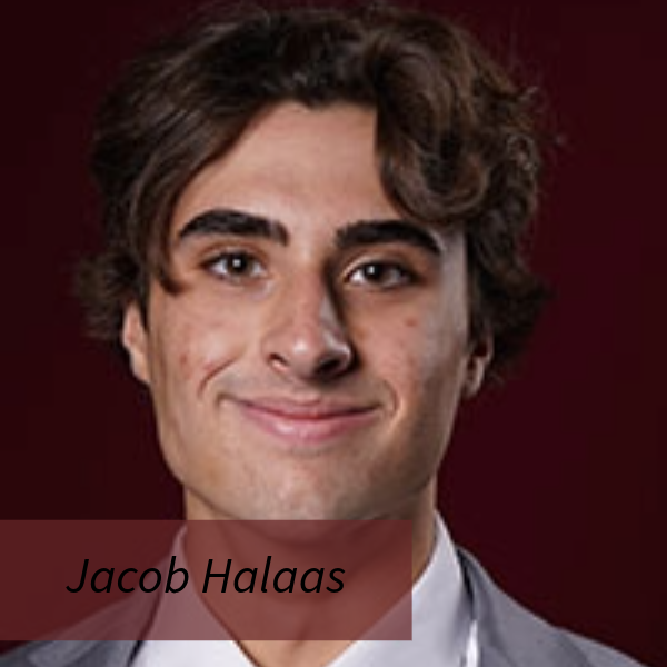 Headshot of a boy with dark hair in front of a maroon background. Text reading: Jacob Halaas, Writing Center Consultant, Task Force: Commnuications Duo.