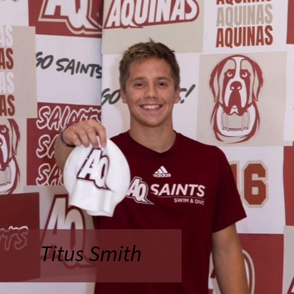 Picture of a boy in an AQ Swim and Dive shirt, holding up a swim cap. Text reading: Titus Smith, Writing Center Consultant.