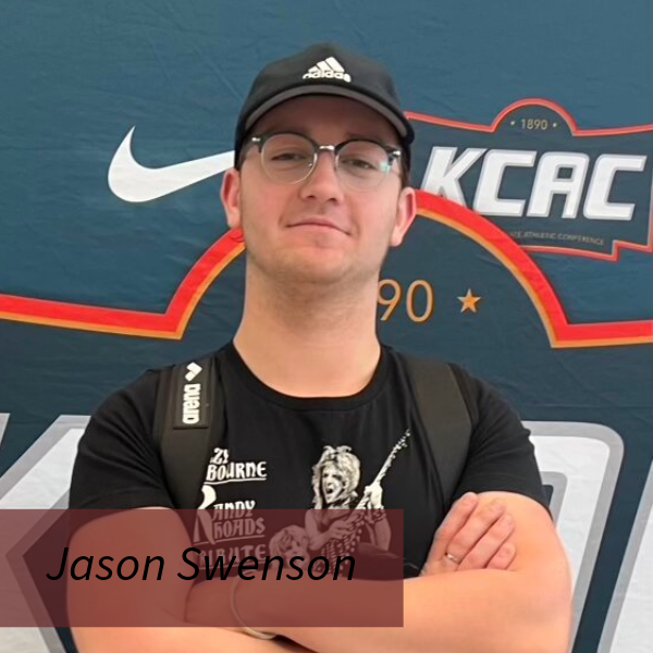 Picture of a boy in an Adidas hat and glasses. Text reading: Jason Swenson, Writing Center Consultant.
