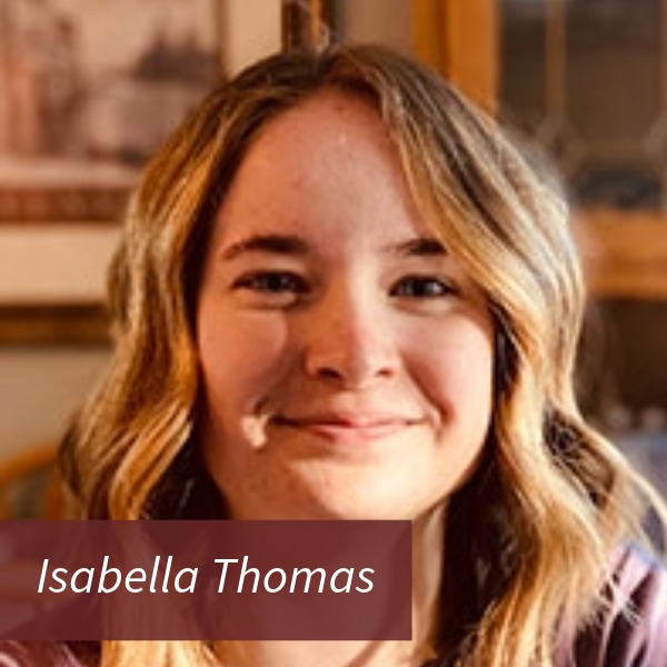 Image of a girl with shoulder length blonde hair. Text reading: Isabella Thomas. Writing Center Consultant, R2: Remote and Resouce Advisor.