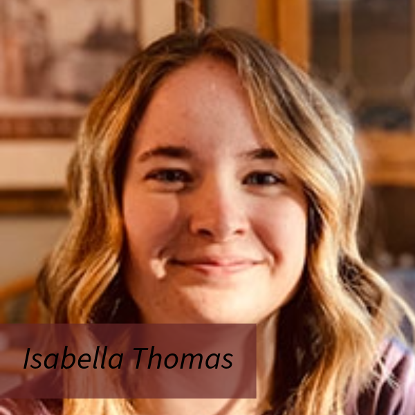 Image of a girl with shoulder length blonde hair. Text reading: Isabella Thomas. Writing Center Consultant, R2: Remote and Resouce Advisor.