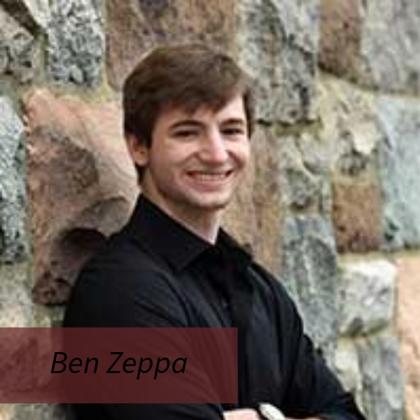 Photo of a boy with brown hair, leaning against a stone wall. Text reading: Ben Zeppa, Writing Center Consultant.
