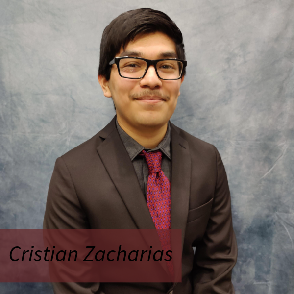 Headshot of a boy with dark hair, glasses, and a mustache in front of a gray backdrop. Text reading: Cristian Zacharias, Writing Center Consultant.