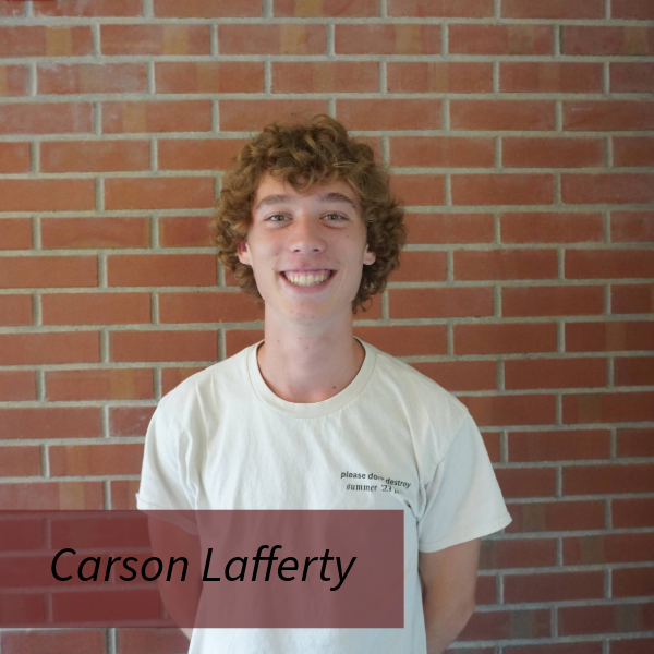 Headshot of a boy with curly blonde hair in front of a brick wall. Text reading: Carson Lafferty, Writing Center Consultant, Task Force: New Consultant Liason.