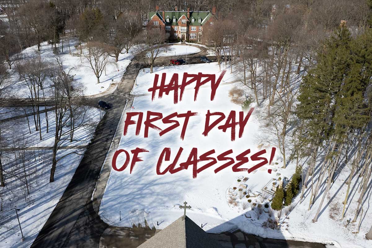 Aerial view of Holmdene Lawn with text reading Happy First Day of Classes