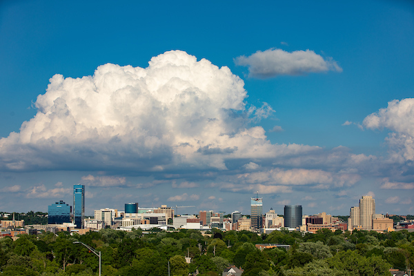 Grand Rapids Skyline with fluffy clouds