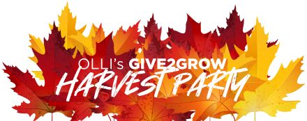Harvest Party OLLI's GIVE2GROW Harvest Party text with leaves behind it