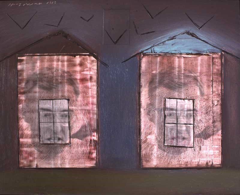 Art by Holly Roberts blending photography and paint. Two similar house like shapes with one window each and a photo of a man's face in each house.