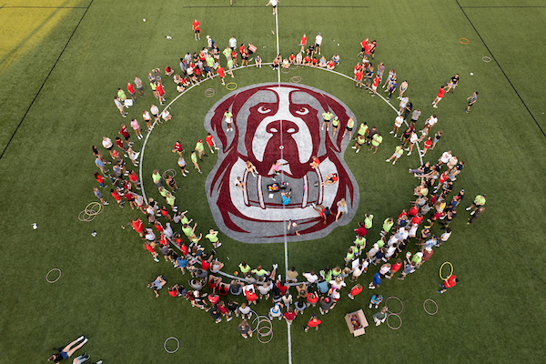 Aerial shot of students on the athletic field with a Nelson mascot logo
