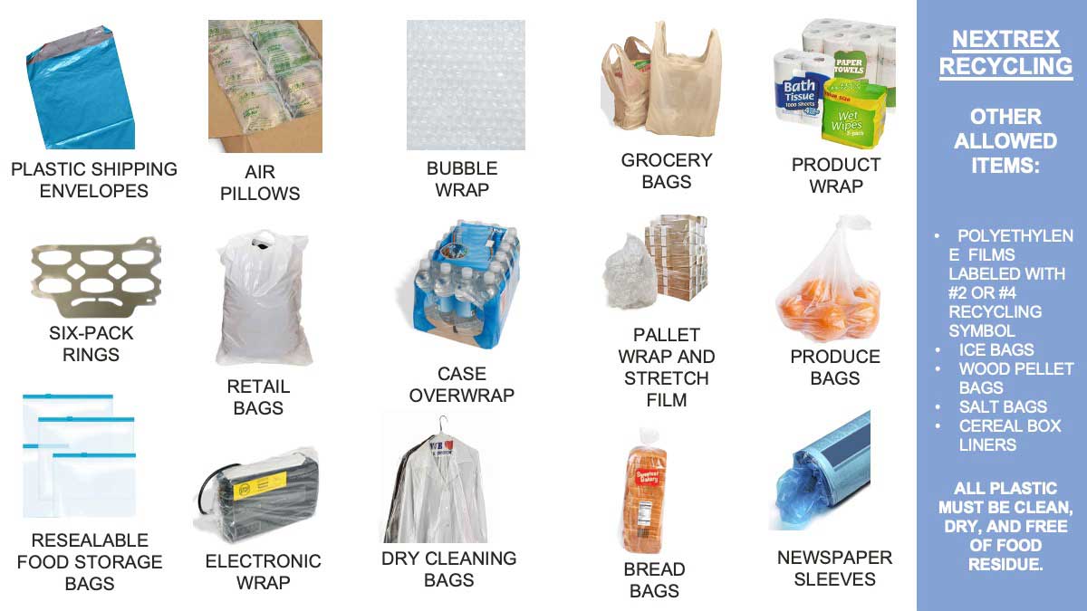 NEXTREX RECYCLING:  POLYETHYLENE FILMS LABELED WITH #2 OR #4 RECYCLING SYMBOL, ICE BAGS, WOOD PELLET BAGS, SALT BAGS, CEREAL BOX LINERS, ALL PLASTIC MUST BE CLEAN, DRY, AND FREE OF FOOD RESIDUE.