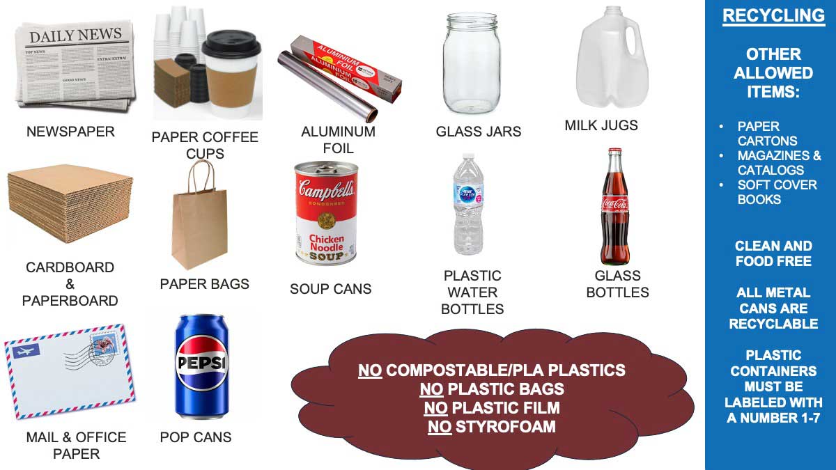 RECYCLING ALLOWED ITEMS:  PAPER CARTONS, MAGAZINES & CATALOGS, SOFT COVER BOOKS, CLEAN AND FOOD-FREE, ALL METAL CANS, PLASTIC CONTAINERS MUST BE LABELED WITH A NUMBER 1-7