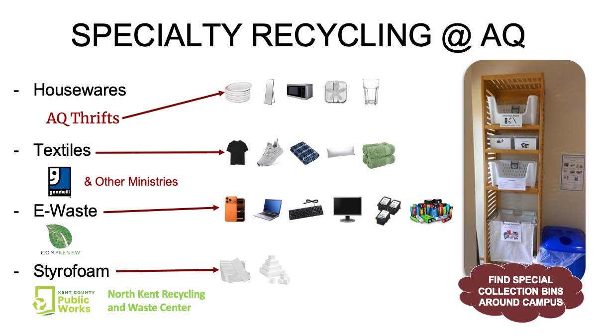 Specialty items: Housewares, Textiles, Electronic Waste, Styrofoam