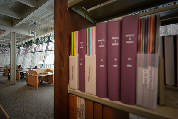 Library shelves and books