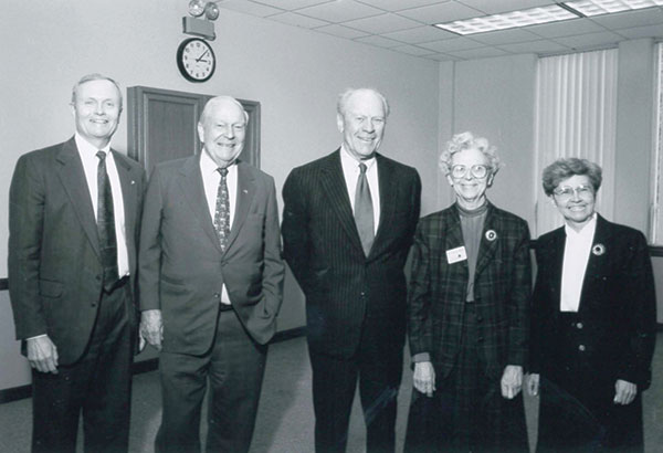 In 1983, former President Gerald R. Ford was the featured speaker at the first Emeritus dinner, a fundraising event for Aquinas College’s Emeritus College. From left, R. Paul Nelson, Peter M. Wege, Mr. Ford, Sister Aquinas, Sister Marie Celeste Miller.